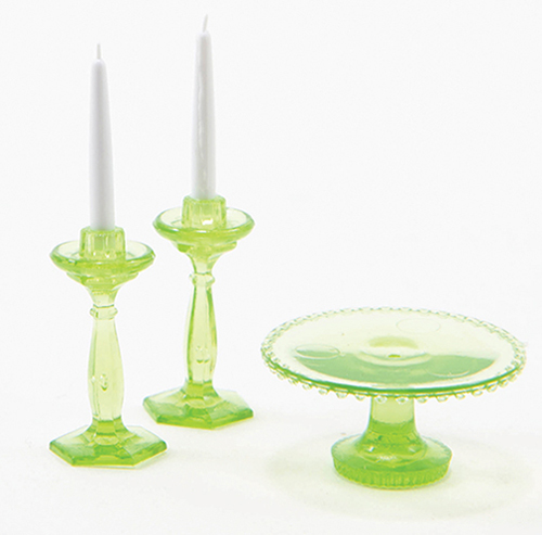 Dollhouse Miniature Cake Plate W/2 Candlesticks, Green